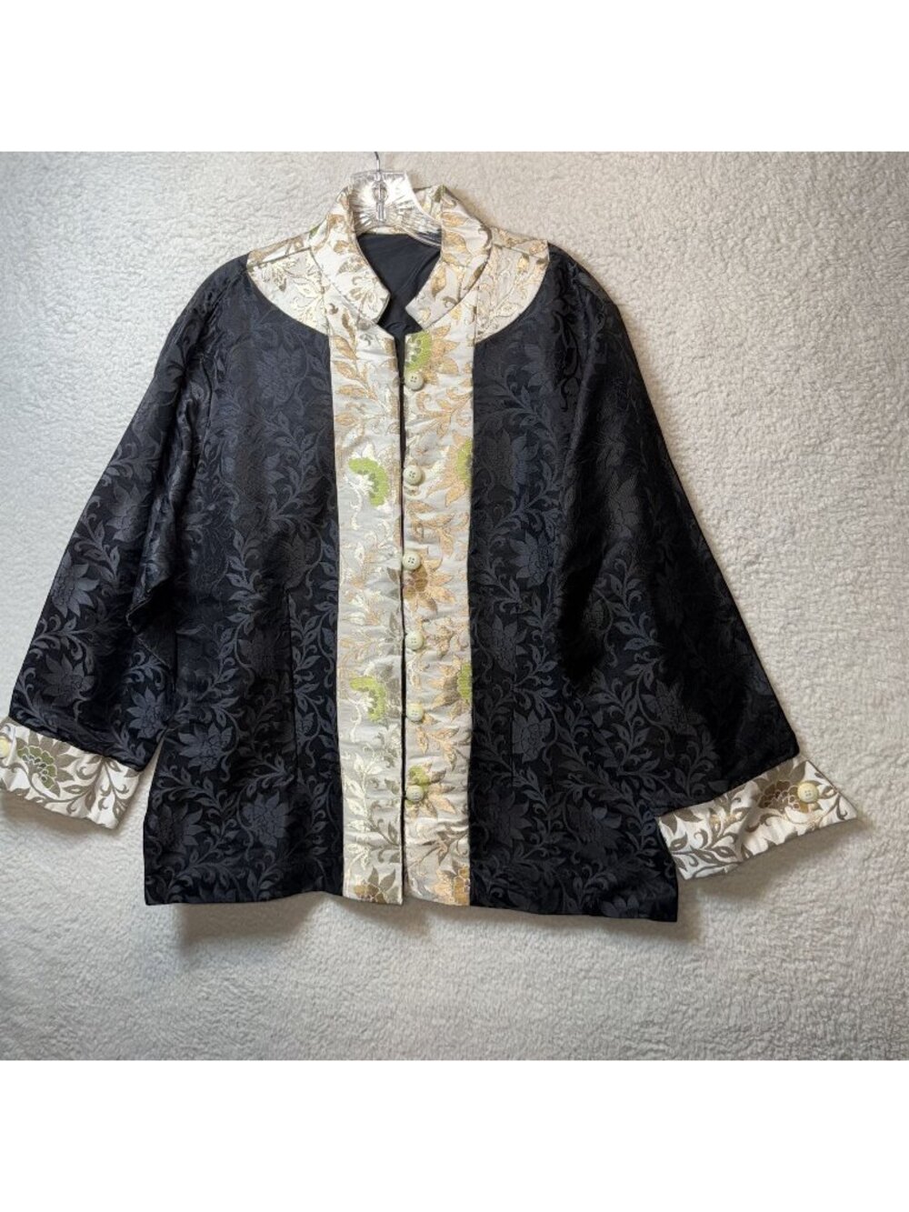 Chinese Brocade Floral Button-Up Jacket Black & Gold Women's Medium Elegant